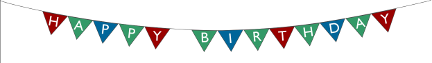 Glückwunschbanner mit roten, grünen und blauen Fähnchen, die an einer Schnur hängen und "Happy Birthday" in weißen Buchstaben auf einem weißen Hintergrund anzeigen.