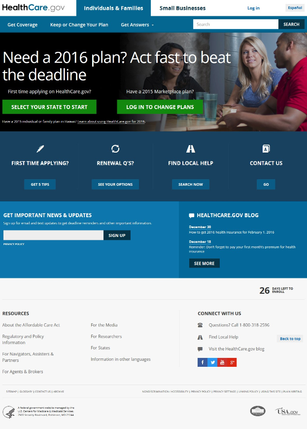 Webseite der Health Care Gov zeigt eine Gruppe von Menschen, die um einen Tisch mit Gläsern und anderen Gegenständen sitzen, mit dem Webseitentitel und Informationen.