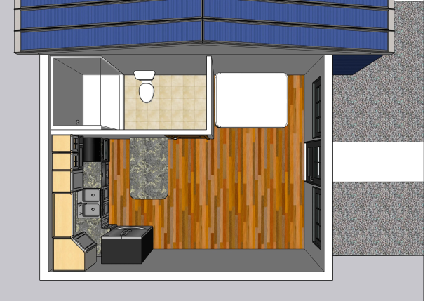 Grundriss eines Tiny Houses mit Küche und Wohnbereich, einschließlich Toilette, Spüle, Schränken und anderen Einrichtungsgegenständen.