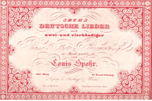 Ein altes deutsches Aktienzertifikat mit rotem Rand und weißem Hintergrund, das den Text "Louis Spohr - Zweites Deutsches Lieder" trägt.