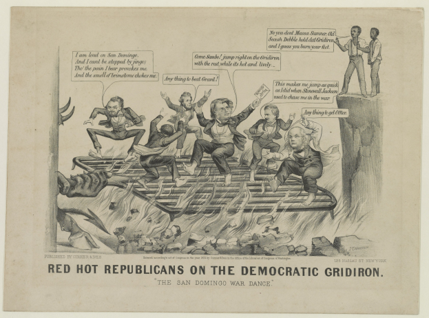 Politischer Cartoon zeigt rote Figuren in Not auf einem Gitterfeld mit fettem Text, der eine ernste Situation betont.