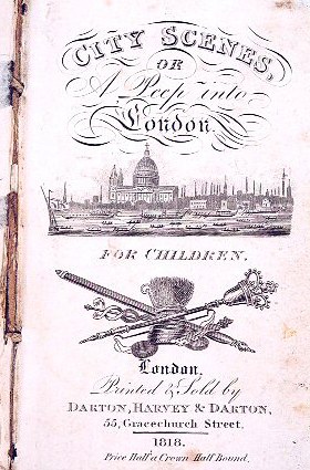 Ein abgenutztes Buch mit dem Titel "Stadtansichten oder ein Blick in London für Kinder", das eine detaillierte Illustration einer lebhaften Londoner Stadtlandschaft mit hohen Gebäuden, gewundenen Straßen und einem hellblauen Himmel auf dem Cover zeigt.