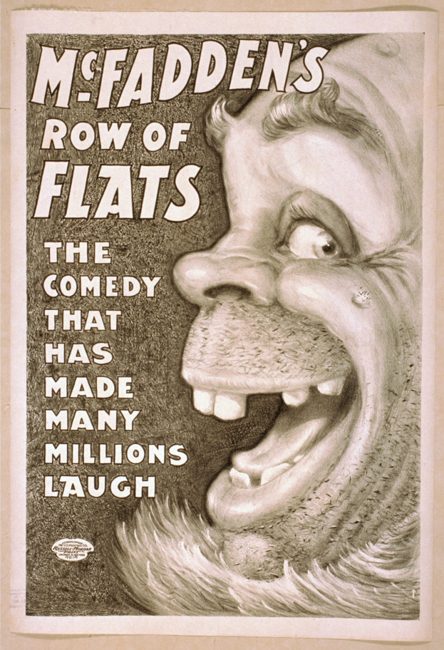 Plakat einer lachenden Person mit wildem Haar vor einem gelben Hintergrund, das 'McFadden's Row of Flats: The Comedy That Has Made Many Millions Laugh' bewirbt.