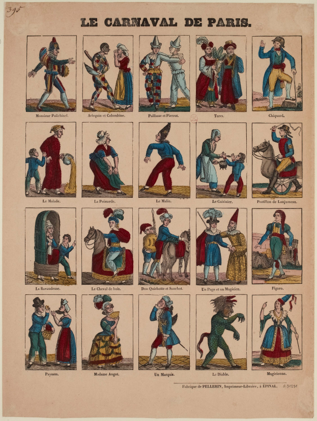 Eine Zeitung mit leuchtenden, detaillierten Bildern von Menschen in bunten Karnevalskostümen aus Paris, darunter Federn und aufwändige Kopfschmuck, mit fetter Schrift.