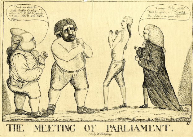 Eine handgezeichnete Skizze von drei Menschen, die stehen und diskutieren, mit einer Person, die animiert gestikuliert, unter dem Titel "Die Parlamentssitzung" unten.