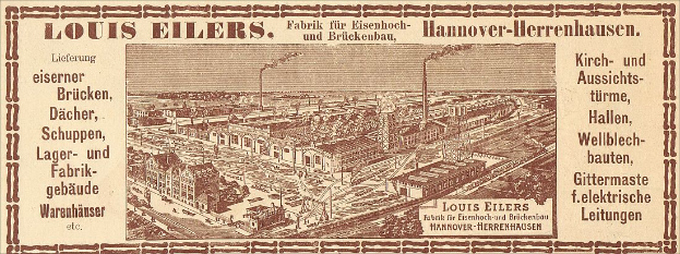 Eine alte Werbung für die Louis Eilers Hannover-Herrenhausen-Fabrik, die das Fabrikgebäude mit Textüberschrift zeigt.
