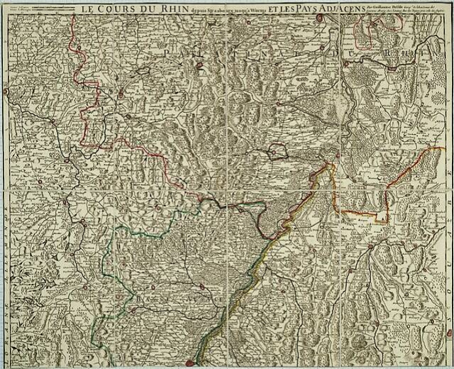 Alte Karte der Rheinpfalz-Region in Frankreich mit dem Rheinfluss, auf Papier mit Text oben und unten gedruckt.