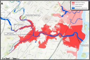 Eine Karte von New York City mit einem roten und blauen Farbschema, das die vorgeschlagenen Hochrisikogebiete anzeigt, mit begleitendem Text, der die Hochrisikospezifika beschreibt.