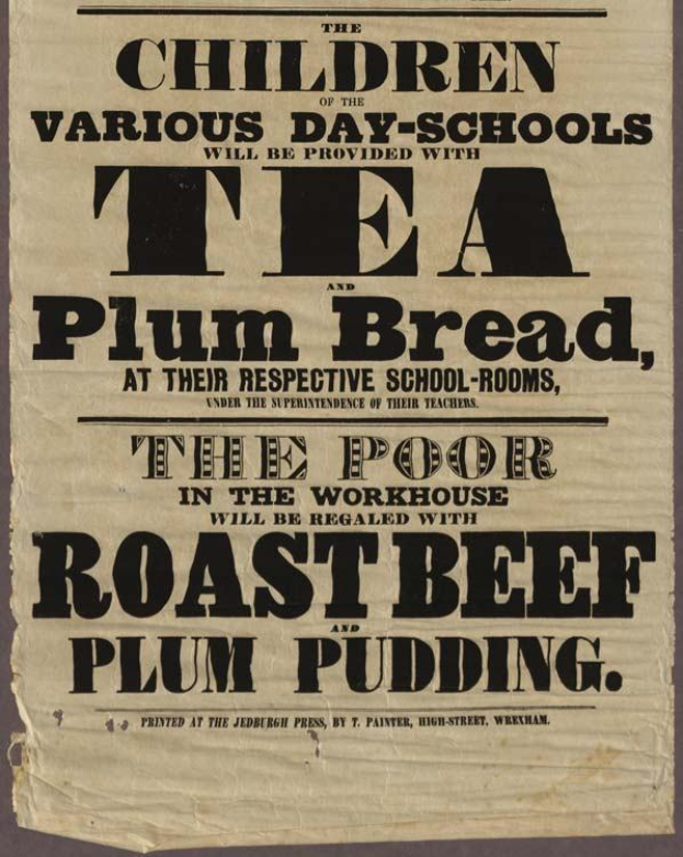 Ein Blatt Papier mit der Aufschrift "Die Kinder der verschiedenen Tagesschulen erhalten Tee, Pflaumenbrot und Roastbeef und Pflaumenpudding"