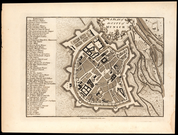 Ein detaillierter alter Stadtplan von München, Deutschland, auf einem schwarzen Hintergrund, der Straßen, Gebäude und Sehenswürdigkeiten mit zusätzlichen Informationen zeigt.