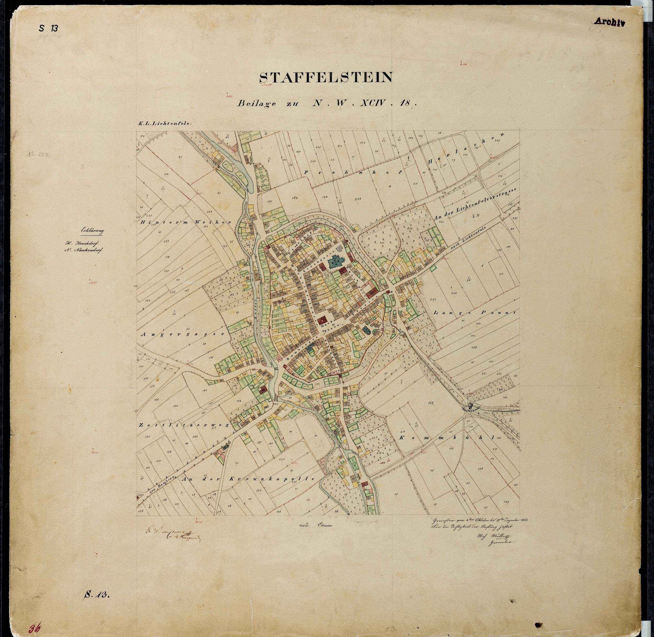 Detailierte alte Karte von Staffelstein, Deutschland, auf schwarzem Hintergrund, zeigt Straßen, Gebäude und Sehenswürdigkeiten.