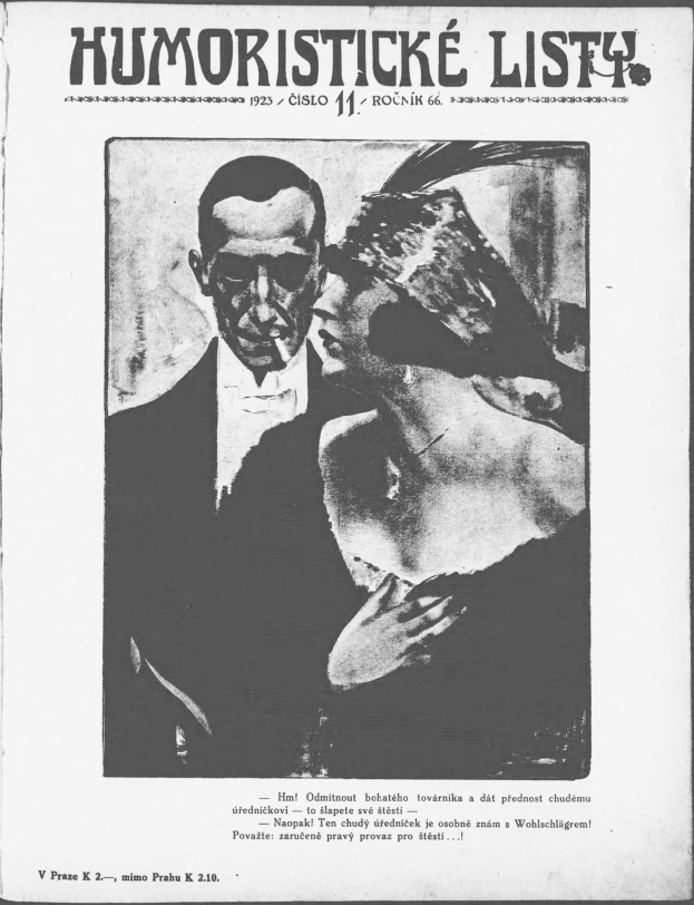 Schwarze und weiße Zeitschriftentitel 'Humoristische Liste' mit einem Mann im Anzug mit ernster Miene und einer Frau, die verschmitzt in die Ferne schaut.