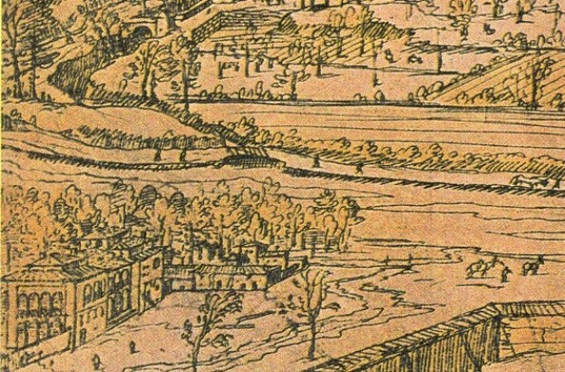 Ein detailliertes Stadtlandschaftsbild mit einem gewundenen Fluss, umgeben von grünen Bäumen und hohen Gebäuden, das eine friedliche Atmosphäre vermittelt.