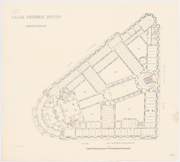 Schwarzes und wei├čes Architekturplan des Kaiser Friedrich Museums in Berlin, Deutschland, mit beschrifteten Rumen und Merkmalen.