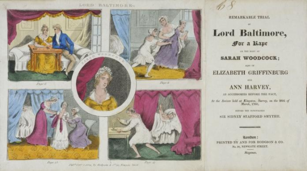 Ein historisches Prozessdokument zeigt ein Blatt Papier mit Porträts, Vorhängen und Text, der sich auf einen Vergewaltigungsprozess gegen Sarah Woodcock und Elizabeth Griffinburg bezieht.