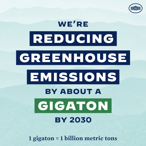 Plakat mit Text und Logo, auf dem steht: "Wir reduzieren die Treibhausgasemissionen um etwa eine Gigatonne bis 2030", und für die Reduzierung der Treibhausgasemissionen bis 2030 wirbt.