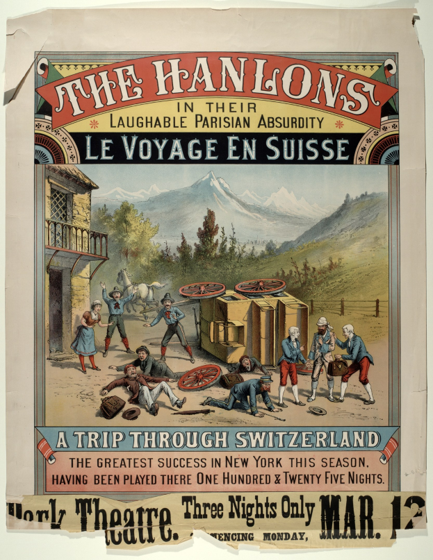 Plakat, das "Hanlons in ihrer lachhaften Pariser Absurdität Le Voyage en Suisse" ankündigt, zeigt eine Gruppe von Menschen, ein Gebäude, Bäume, Hügel und Himmel mit Textüberlagerung.