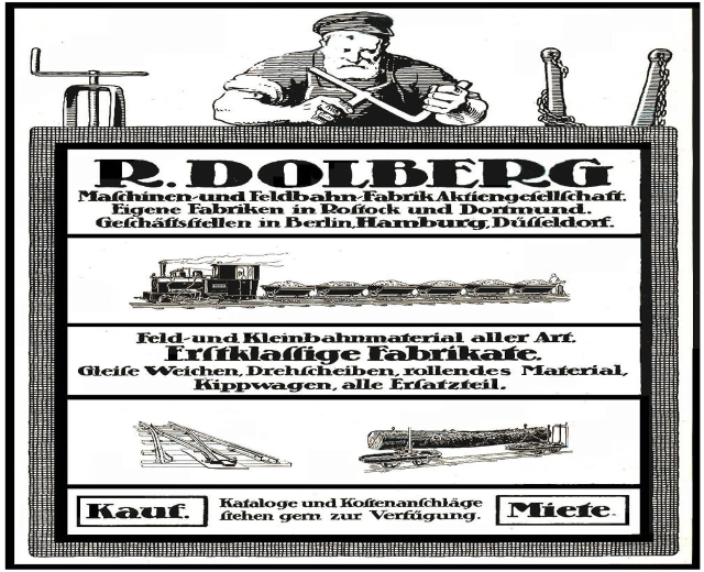 Werbeplakat für die Fabrik von R.D. Dolberg in Hamburg, Deutschland, mit Text und Abbildungen einer Person, eines Zugs und weiterer Gegenstände.
