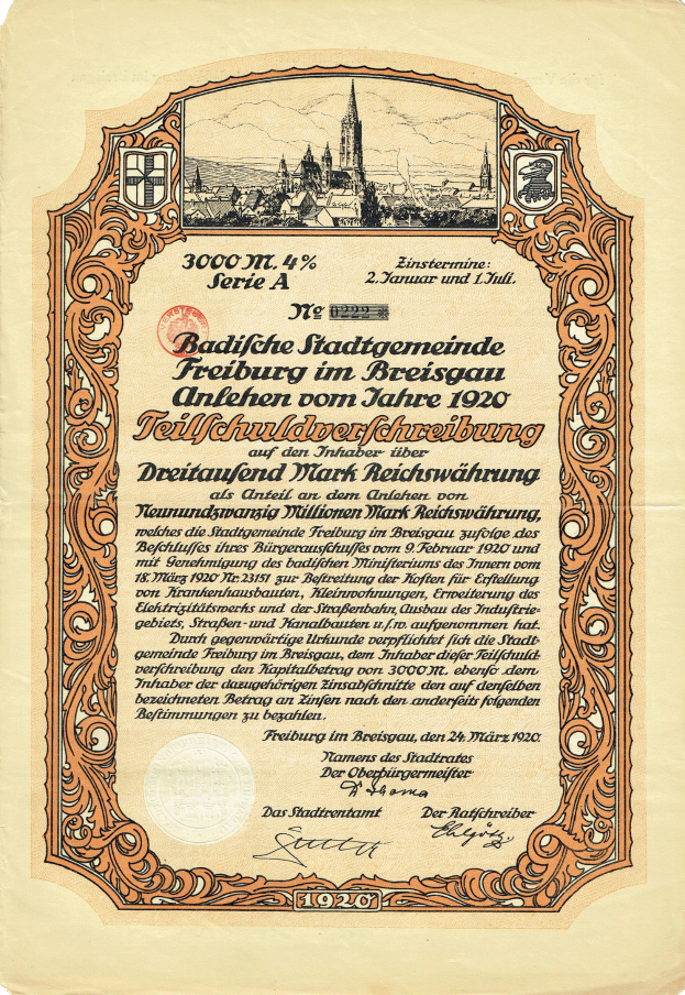 Altes deutsches Aktienzertifikat mit einer Stadtansicht und bedrucktem Text, der Aktieninformationen enthält.