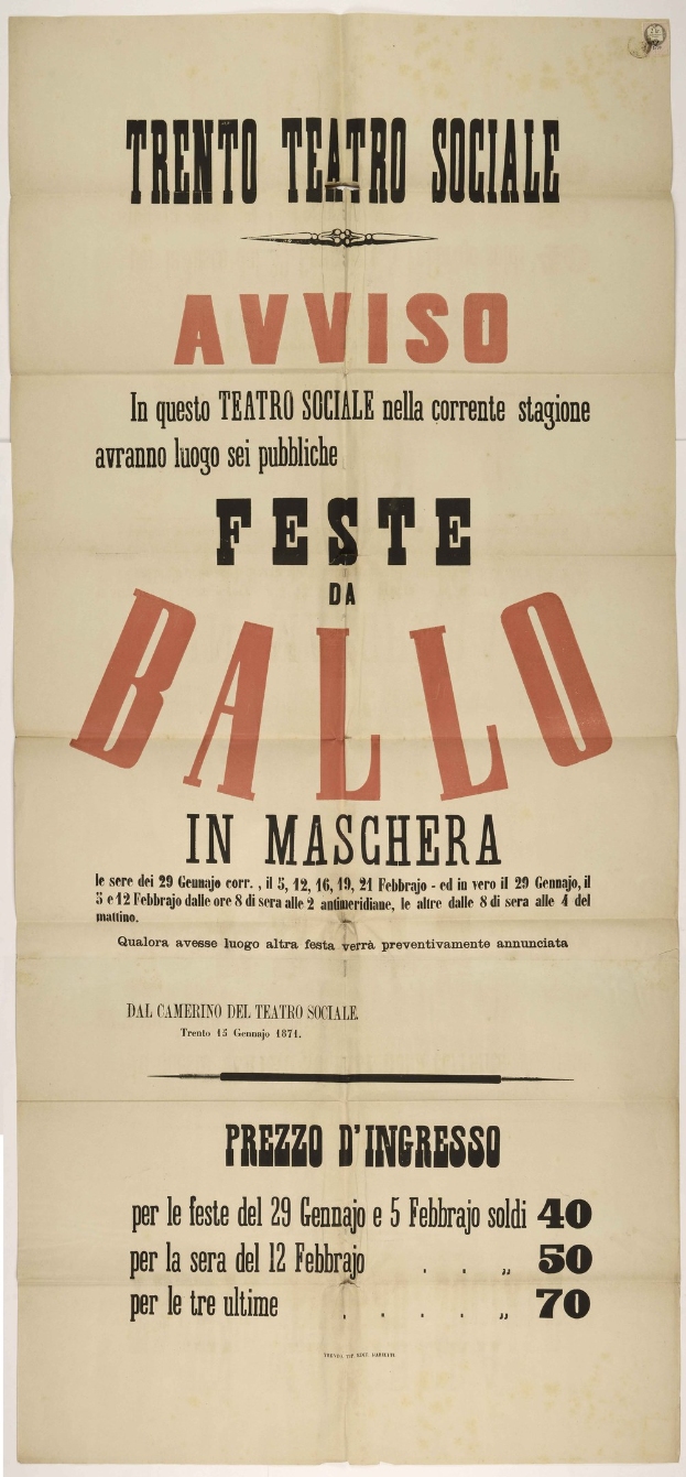 Alte Plakatwerbung für ein Festival in Maschera, Italien, mit Text zur Beschreibung des Ereignisses.
