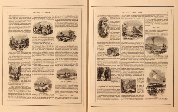 Offenes Buch mit Seiten, die Landschaften (Berge, Flüsse, Wälder) und begleitenden Text zeigen.