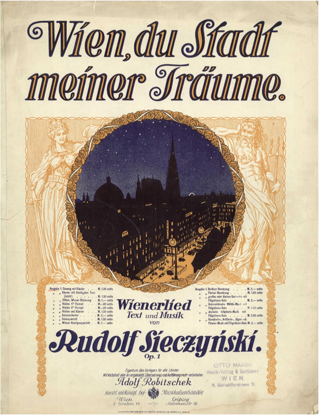 Ein Vintage-Plakat, das die Oper "Wien, du Stadt Meiner Träume" von Rudolf Sieczynski ankündigt, mit einer Stadtlandschaft im Hintergrund und beschreibendem Text.