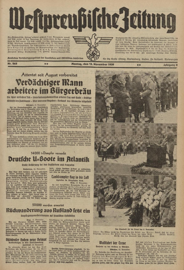 Schwarze Titelseite einer deutschen Zeitung vom 13. November 1939, betitelt "Weitpreubliche Zeitung", zeigt eine Gruppe von Menschen in traditioneller deutscher Tracht in einer feierlichen Szenerie.