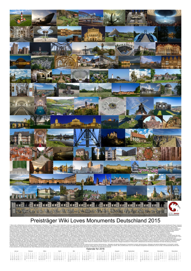 Ein Kalender mit dem Titel "Preisträger Wiki Loves Monuments Deutschland 2015" aus dem Jahr 2015, der eine Collage deutscher Denkmäler zeigt.