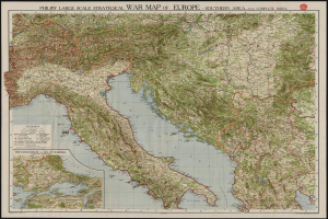 Ein detailliertes strategisches Kriegslandkarte von Europa mit schwarzem Rand, das verschiedene Länder und Regionen während des Kriegs zeigt.