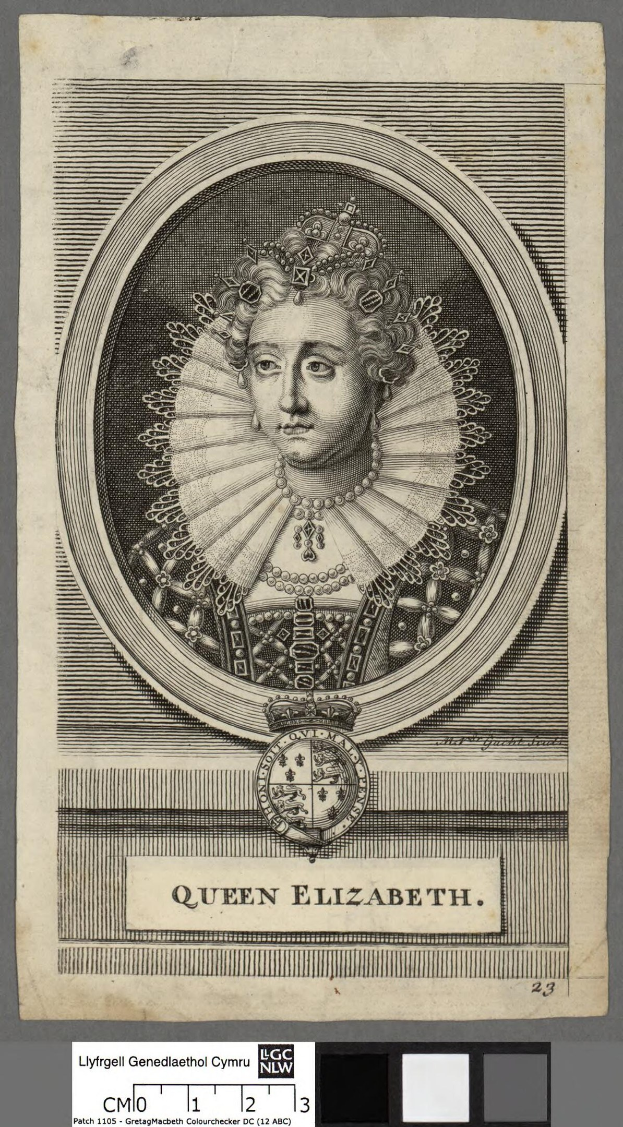 Porträt der Queen Elizabeth I. von England in königlicher Kleidung mit Krone und Tiara, grauer Hintergrund, feine Gesichtsmerkmale und würdevoller Ausdruck.