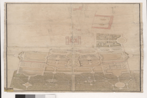 Ein detaillierter Stadtplanentwurf mit zahlreichen Gebäuden, darunter ein prägnantes Zentralgebäude, begleitet von beschreibendem Text.