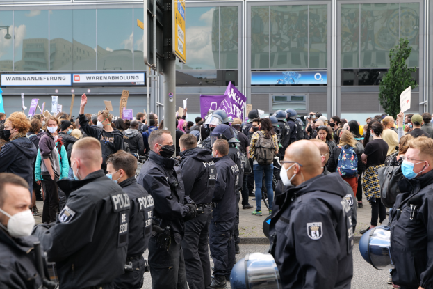 Eine große Gruppe von Menschen demonstriert vor einem Gebäude, einige halten Schilder und tragen Helme, mit einem Pfahl und einem Schild im Vordergrund und einem Baum im Hintergrund.