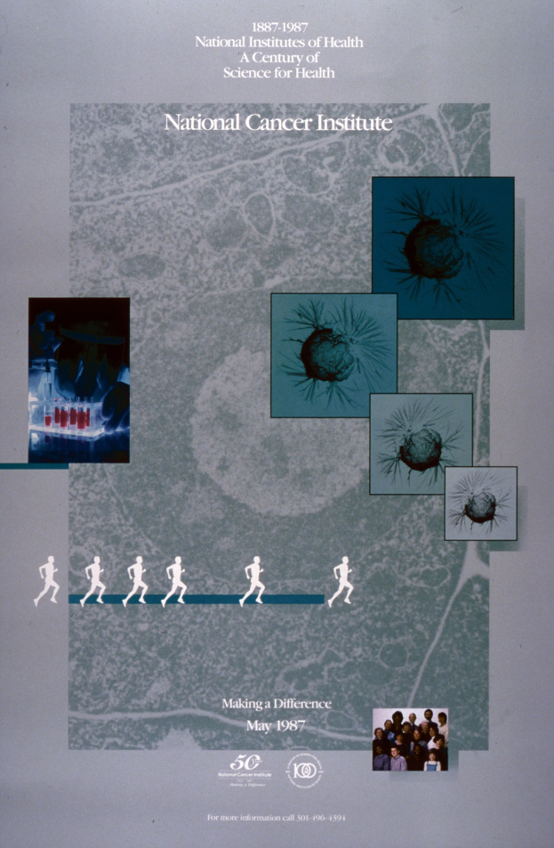 Buntes Plakat für das National Cancer Institute mit blauem Hintergrund und weißer Schrift, das einen Kreis aus überlappenden Bildern von strahlenden Menschen verschiedenen Alters, Geschlechts und Ethnien um die fettgedruckte, großgeschriebene Überschrift "National Cancer Institute" zeigt.