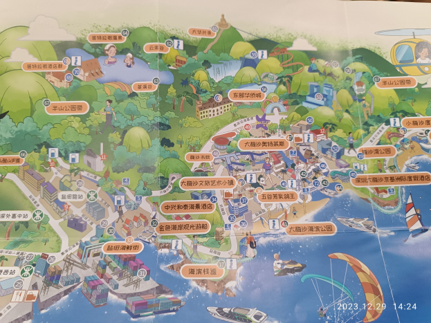 Ein detaillierter Stadtplan, der verschiedene Attraktionen wie Bäume, Gebäude, Menschen, Boote und Paragliding zeigt, mit Text, der wahrscheinlich Informationen über die Standorte enthält.