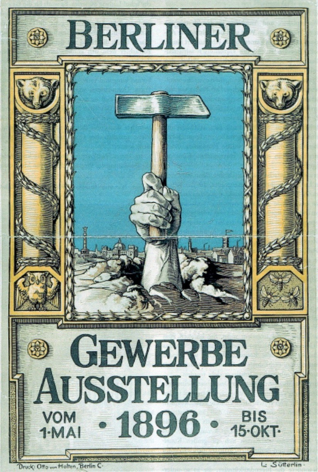 Plakat mit einer Hand, die einen Hammer hält, bewirbt die "Berliner Gewerbeausstellung vom 1-1-1896" in Berlin, Deutschland.