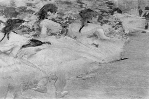 Eine Schwarz-Weiß-Zeichnung einer Gruppe von Tänzern in einem Studio, einer in der Mitte, die bunte Tutus und Spitzenschuhe tragen, mit einem unscharfen Hintergrund, der Bewegung suggeriert und Text unten.