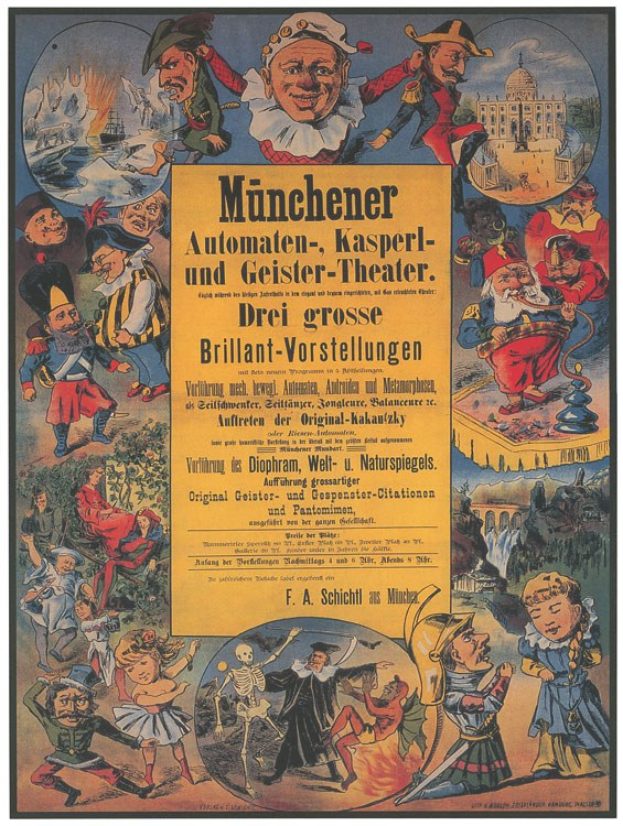 Alter deutscher Filmplakat für "Munchener Automaten-Kasperl- und Geister-Theater" mit kostümierten Schauspielern in einer lebhaften Szene umgeben von Text.