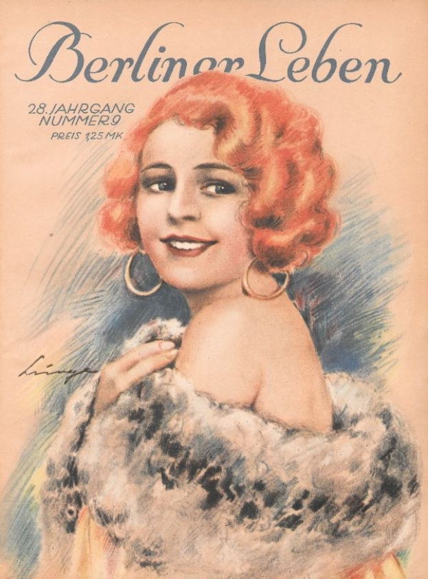 Frau mit roter Haarpracht in einem Pelzmantel auf dem Cover der Berliner Leben Zeitschrift im 1950er-Look mit fetter schwarzer Schrift, die 'Berliner Lebens.' lautet