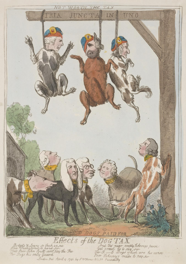 Ein Blatt Papier mit einer Zeichnung von Menschen und Tieren, darunter ein Hund, der an einem Holzpfahl hängt, zusammen mit Text, der wahrscheinlich über eine Hundesteuer handelt.