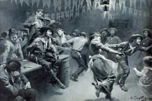 Ein Schwarz-Weiß-Gemälde von tanzenden und sitzenden Menschen in einem Raum mit einem Tisch, einem Fass und einer hängenden Lampe, das unten rechts das Wasserzeichen 'A.C. Castaigne - Der Tanz der Toten' trägt.