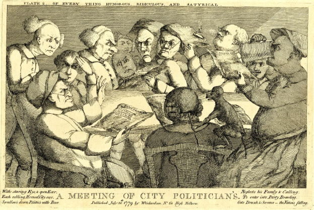 Eine Gruppe von Menschen sitzt um einen Tisch, wobei eine Person ein Buch hält, während andere in ein Gespräch vertieft sind, mit Text unten "Eine Sitzung städtischer Politiker."