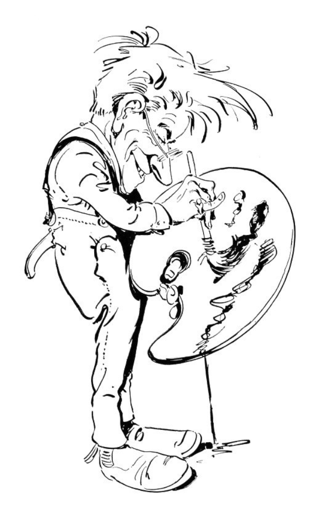 Schwarze und weiße Zeichnung eines Mannes, der eine Gitarre spielt und sie in seinen Händen hält, mit konzentrierter Miene, zurückgekämmtem Haar und geschlossenen Augen.