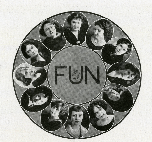 Schwarzes und weißes Foto einer vielseitigen Gruppe von lachenden Frauen, die einen Kreis bilden, mit dem Wort "FUN" in der Mitte.