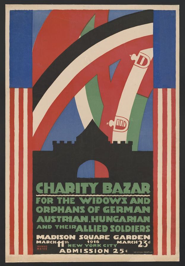 Charity Bazaar-Plakat für Witwen und Waisen deutscher, australischer, ungarischer und alliierter Soldaten mit Ereignisinformationen im Text.