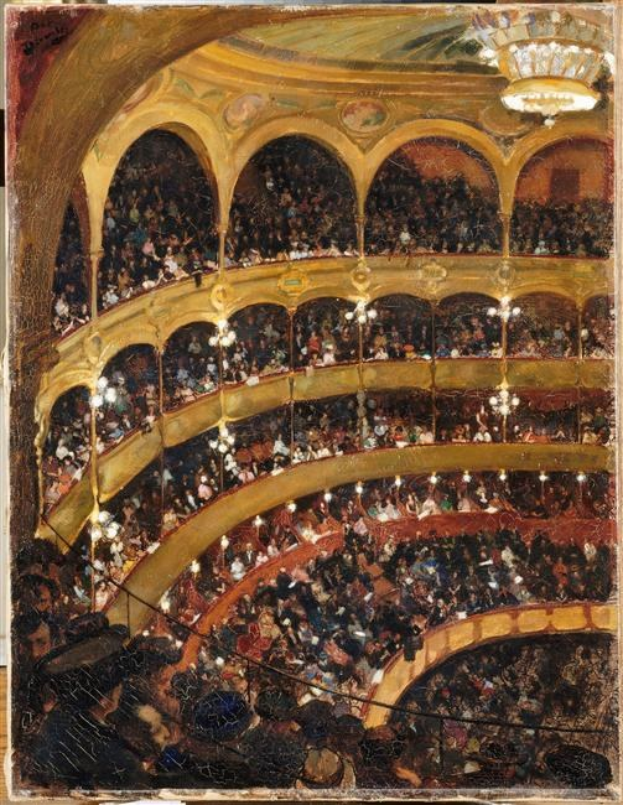 Gemälde mit dem Titel 'Das Konzertsaal' (1892), das einen prächtigen Auditorium mit Kronleuchtern, Geländern, Säulen und einer großen Zuschauermenge zeigt.