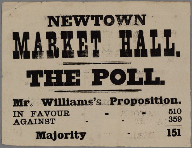 Papier mit handgeschriebenem Text, der "Newtown Market Hall, die Wahl, Mr. Williams' Vorschlag für gegen die Mehrheit" lautet