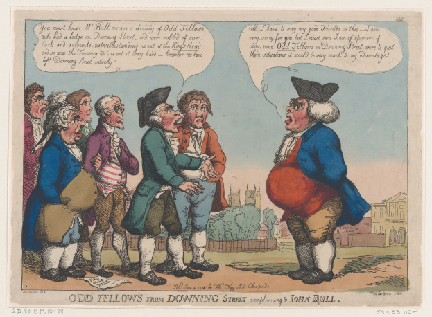 Cartoon-Illustration von Menschen, die vor einem Gebäude mit Bäumen und Himmel stehen, beschriftet mit "odd fellows from downing street complaining to John Bull" unten.