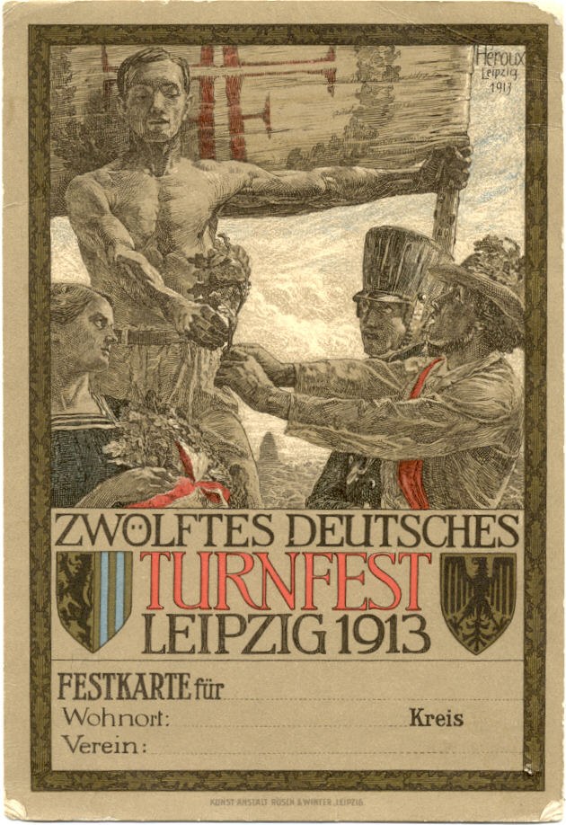Plakat für das Zwölfte Deutsche Turnfest Leipzig 1913 mit einer zentralen Personengruppe und Text mit Veranstaltungseinzelheiten.
