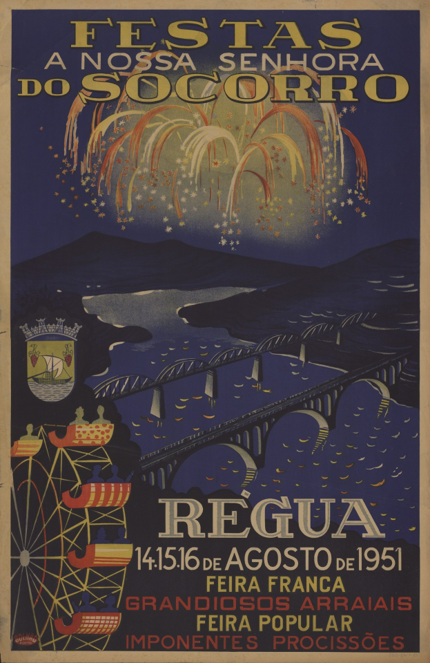 Buntes Festivalplakat in Brasilien mit einer Brücke über Wasser, Hügel im Hintergrund und Feuerwerk, mit Text.