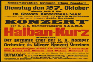 Ein gelbes Plakat wirbt für ein Konzert in Berlin, Deutschland, mit der Aufschrift "Konzert Halban-Kurz."